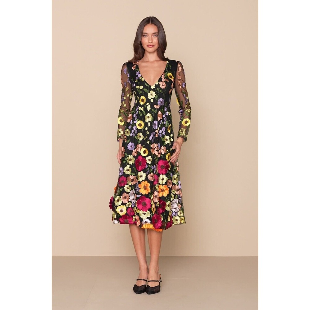 Lulus Impressive Blossom Black 3D Floral Embroidered Midi Dress Women's SZ S